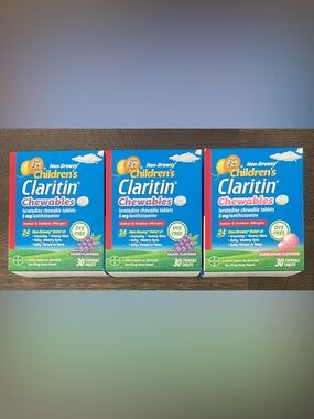 NEW Lot of 3 Claritin Childrens Chewable Tablets 30ct (90 Total) 1 B/Gum 2 Grape